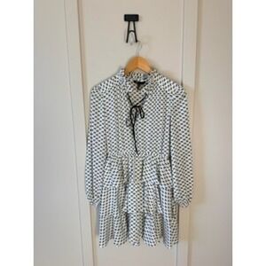 Maje Bow Print Tiered Ruffle Mini Dress White Black Tie Neck Long Sleeve Size 36